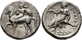 CALABRIA. Tarentum. Circa 344-340 BC. Didrachm or Nomos (Silver, 21 mm, 7.66 g, 8 h). Nude warrior, holding spear and round shield in his left hand, d...