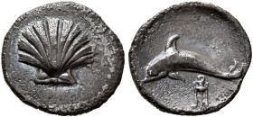 CALABRIA. Tarentum. Circa 325-280 BC. Litra (Silver, 11 mm, 0.66 g, 6 h). Scallop shell. Rev. Dolphin left; below, tripod. HN Italy 979. SNG Paris 217...