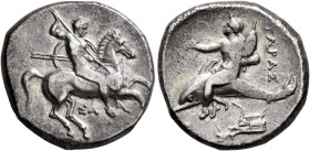 CALABRIA. Tarentum. Circa 290-281 BC. Didrachm or Nomos (Silver, 22 mm, 7.81 g, 3 h), Sa..., magistrate. Nude rider on horse galloping to right, stabb...