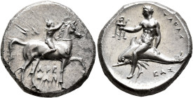 CALABRIA. Tarentum. Circa 280 BC. Didrachm or Nomos (Silver, 22 mm, 7.93 g, 6 h), Sa..., Arethon and Cas..., magistrates. Nude youth riding horse walk...