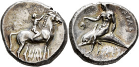 CALABRIA. Tarentum. Circa 280 BC. Didrachm or Nomos (Silver, 22 mm, 7.80 g, 11 h), Sa..., Philiarchos and Aga..., magistrates. Nude youth riding horse...