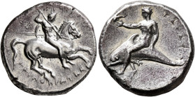 CALABRIA. Tarentum. Circa 280-272 BC. Didrachm or Nomos (Silver, 22 mm, 7.79 g, 5 h), Deinokrates and Si..., magistrates. Nude rider on horse gallopin...