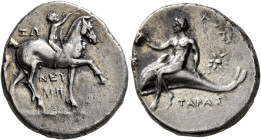 CALABRIA. Tarentum. Circa 280-272 BC. Didrachm or Nomos (Silver, 21 mm, 6.49 g, 1 h), Zo..., Neume... and Poly..., magistrates. Nude youth riding hors...