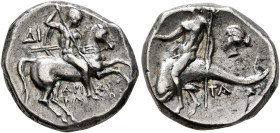 CALABRIA. Tarentum. Circa 272-240 BC. Didrachm or Nomos (Silver, 19 mm, 6.35 g, 10 h), Di... and Aristokles, magistrates. Nude rider on horse gallopin...