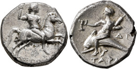 CALABRIA. Tarentum. Circa 272-240 BC. Didrachm or Nomos (Silver, 20 mm, 6.13 g, 9 h), Hippodan... and Di..., magistrates. [ΙΠΠΟΔΑΝ] Warrior, holding j...