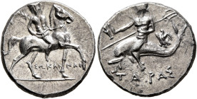 CALABRIA. Tarentum. Punic occupation, circa 212-209 BC. Half Shekel (Silver, 18 mm, 3.78 g, 3 h), Sokannas, magistrate. Warrior on horseback right, ho...