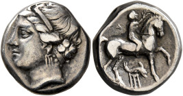 CALABRIA. Tarentum. Campano-Tarentine series, circa 281-272 BC. Didrachm or Nomos (Silver, 19 mm, 7.24 g, 12 h). Head of the nymph Satyra to left, wea...