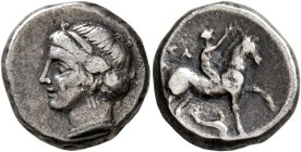 CALABRIA. Tarentum. Campano-Tarentine series, circa 281-272 BC. Didrachm or Nomos (Silver, 19 mm, 7.24 g, 1 h). Head of the nymph Satyra to left, wear...