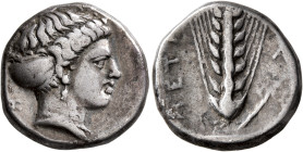 LUCANIA. Metapontion. Circa 400-340 BC. Didrachm or Nomos (Silver, 21 mm, 7.74 g, 4 h). Head of Demeter to right, her hair bound in a sakkos; behind n...