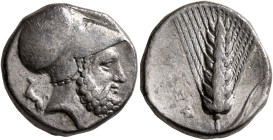 LUCANIA. Metapontion. Circa 340-330 BC. Didrachm or Nomos (Silver, 20 mm, 7.86 g, 11 h). [ΛEYKIΠΠOΣ] Bearded head of Leukippos to right, wearing Corin...