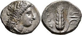 LUCANIA. Metapontion. Circa 330-290 BC. Didrachm or Nomos (Silver, 22 mm, 7.60 g, 12 h). Head of Demeter to right, wearing wreath of grain ears, tripl...