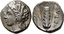 LUCANIA. Metapontion. Circa 330-290 BC. Didrachm or Nomos (Silver, 20 mm, 7.68 g, 1 h). Head of Demeter to left, wearing wreath of grain ears, triple ...