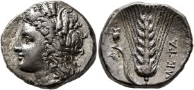 LUCANIA. Metapontion. Circa 330-290 BC. Didrachm or Nomos (Silver, 21 mm, 7.66 g, 1 h), Phi..., magistrate. Head of Demeter to left, wearing wreath of...