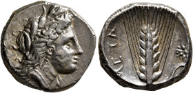 LUCANIA. Metapontion. Circa 330-290 BC. Didrachm or Nomos (Silver, 21 mm, 7.52 g, 6 h), Eu... and Ly..., magistrates. Head of Demeter to right, wearin...