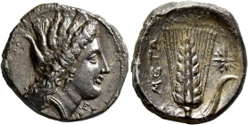 LUCANIA. Metapontion. Circa 330-290 BC. Didrachm or Nomos (Silver, 21 mm, 7.44 g, 3 h). Head of Demeter to right, wearing wreath of grain ears, triple...