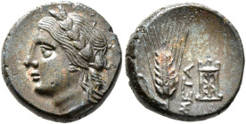 LUCANIA. Metapontion. Circa 300-250 BC. AE (Bronze, 15 mm, 3.13 g, 1 h). Laureate head of Apollo to left. Rev. ΜΕΤΑ Six-grained barley ear with leaf t...