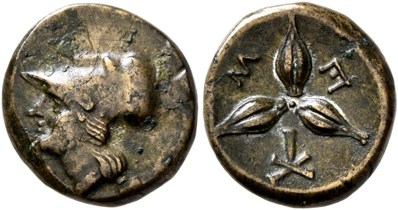 LUCANIA. Metapontion. Circa 300-250 BC. AE (Bronze, 14 mm, 2.10 g, 4 h). Head of...