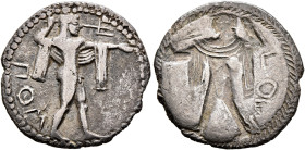 LUCANIA. Poseidonia. Circa 530-500 BC. Drachm (Silver, 19 mm, 3.46 g, 12 h). ΠOΣ Poseidon advancing to right, chlamys draped over shoulders, preparing...