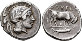 LUCANIA. Thourioi. Circa 443-400 BC. Didrachm or Nomos (Silver, 21 mm, 7.78 g, 2 h). Head of Athena to right, wearing crested and laureate Attic helme...