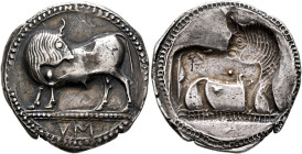 LUCANIA. Sybaris. Circa 550-510 BC. Stater (Silver, 28 mm, 8.05 g). Bull standing left on dotted ground line, his head turned back to right; in exergu...