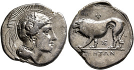 LUCANIA. Velia. Circa 334-300 BC. Didrachm or Nomos (Silver, 23 mm, 7.25 g, 11 h), Kleudoros group. Head of Athena to left, wearing Attic helmet decor...