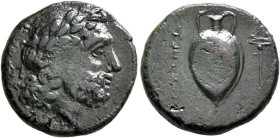 BRUTTIUM. Hipponion. Circa 350-280 BC. AE (Bronze, 18 mm, 5.55 g, 7 h). [ΔΙΟΣ] Laureate head of Zeus to right; to left, monogram. Rev. EIΠΩΝΙΕΩ[Ν] Amp...