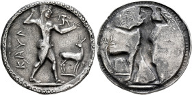 BRUTTIUM. Kaulonia. Circa 525-500 BC. Stater (Silver, 30 mm, 7.86 g). [K]AVΛ Apollo, nude, striding right, holding laurel branch in his upraised right...