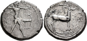 BRUTTIUM. Kaulonia. Circa 475-425 BC. Didrachm or Nomos (Silver, 21 mm, 7.55 g, 12 h). KA[VΛ] Apollo, nude, advancing to right, with a laurel branch i...