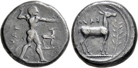 BRUTTIUM. Kaulonia. Circa 475-425 BC. Didrachm or Nomos (Silver, 20 mm, 7.75 g, 8 h). KAV[Λ] Apollo, nude, advancing to right, with a laurel branch in...