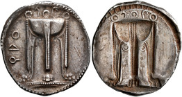 BRUTTIUM. Kroton. Circa 530-500 BC. Stater (Silver, 29 mm, 8.33 g). ϘΡΟ Tripod with legs ending in lion's feet, and with three handles and snakes risi...