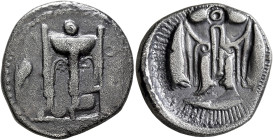 BRUTTIUM. Kroton. Circa 480-430 BC. Didrachm or Nomos (Silver, 22 mm, 7.24 g, 4 h), Dumpy incuse type. Ϙ[ΡΟ] Tripod with legs terminating in lion's fe...