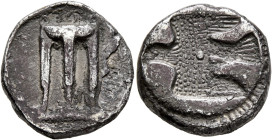 BRUTTIUM. Kroton. Circa 480-430 BC. Didrachm or Nomos (Silver, 19 mm, 7.86 g, 12 h). [ϘPO] Tripod, legs terminating in lion's feet. Rev. Incuse eagle ...