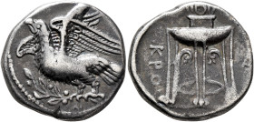 BRUTTIUM. Kroton. Circa 350-300 BC. Didrachm or Nomos (Silver, 22 mm, 7.51 g, 6 h). Eagle with spread wings standing left on olive branch, its head ra...