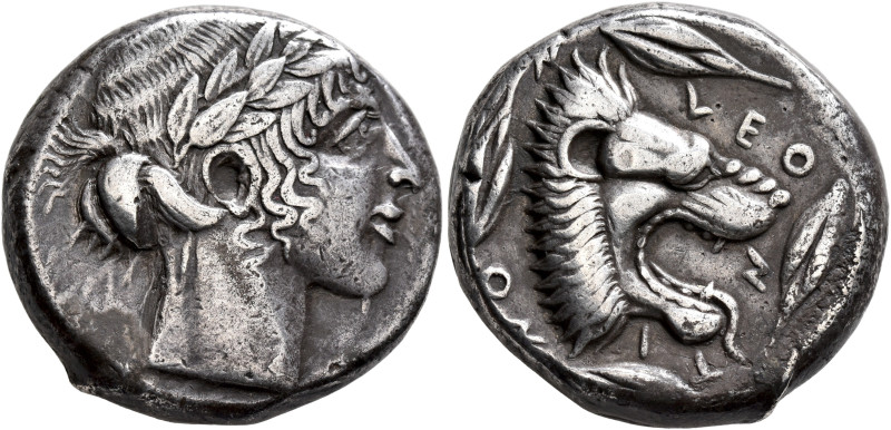 SICILY. Leontini. Circa 450-440 BC. Tetradrachm (Silver, 24 mm, 17.18 g, 12 h). ...