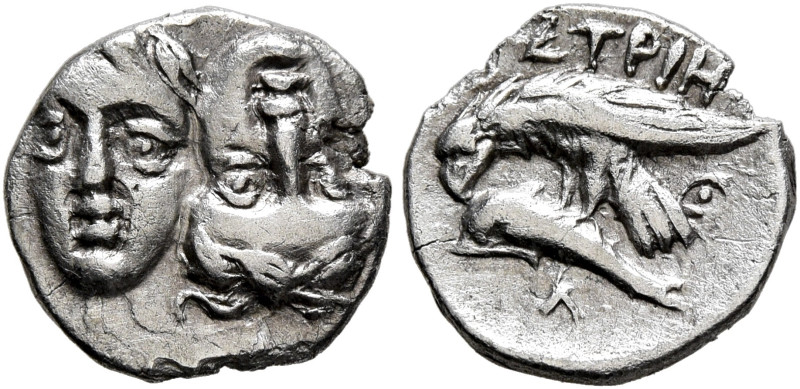 MOESIA. Istros. Circa 340/30-313 BC. Trihemiobol (Silver, 11 mm, 0.73 g). Two fa...