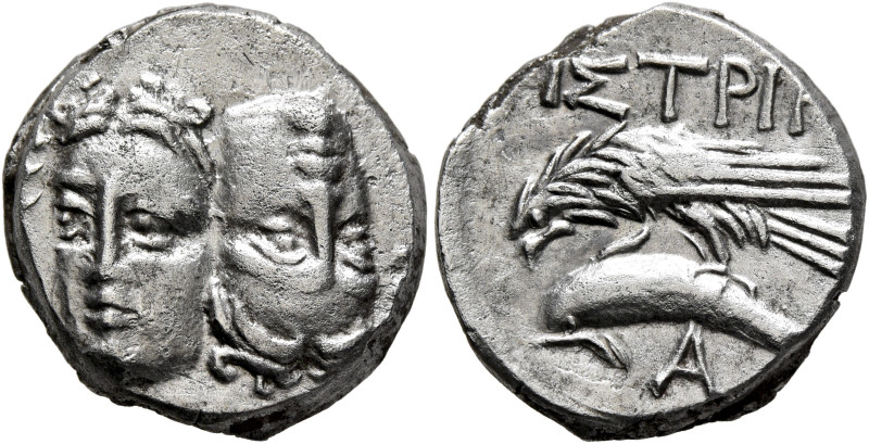 MOESIA. Istros. Circa 313-280 BC. Drachm (Silver, 18 mm, 5.37 g). Two facing mal...