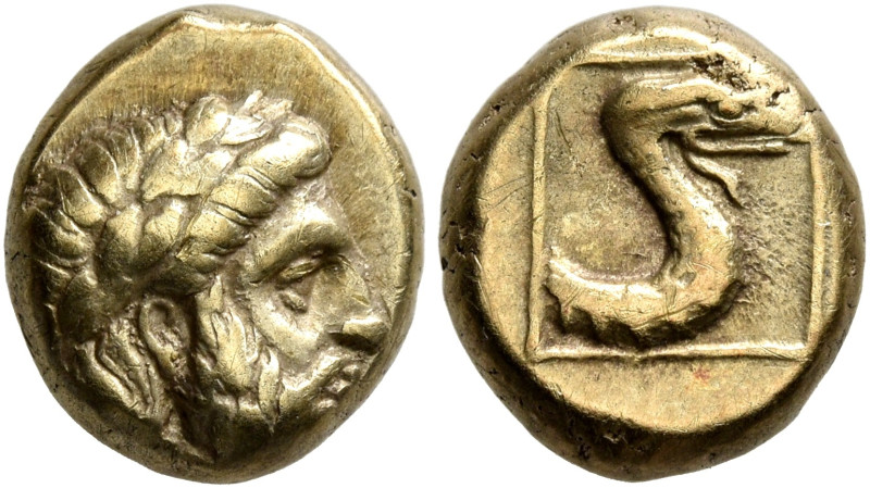 LESBOS. Mytilene. Circa 377-326 BC. Hekte (Electrum, 11 mm, 2.54 g, 1 h). Laurea...