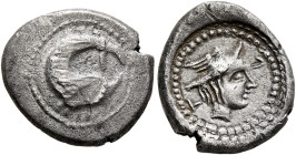 LYCIA. Patara. Circa 400-390 BC. Hemidrachm (Silver, 16 mm, 2.44 g, 6 h). Leaping dolphin to right. Rev. &#66195;-Τ Head of Hermes to right, wearing w...