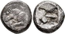 DYNASTS OF LYCIA. Uncertain dynast, circa 500-480 BC. Stater (Silver, 18 mm, 9.27 g). Forepart of a boar to left with uncertain symbol on shoulder. Re...