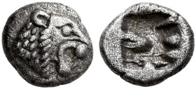 WESTERN ASIA MINOR, Uncertain. 5th century BC. Tetartemorion (Silver, 5 mm, 0.19 g). Head of a roaring lion to right. Rev. Rough incuse square. Klein ...