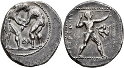 PAMPHYLIA. Aspendos. Circa 380/75-330/25 BC. Stater (Silver, 24 mm, 10.62 g, 11 h). Two nude wrestlers, standing and grappling with each other; betwee...