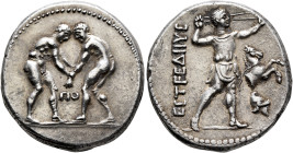 PAMPHYLIA. Aspendos. Circa 330/25-300/250 BC. Stater (Silver, 24 mm, 10.50 g, 12 h). Two nude wrestlers, standing and grappling with each other; betwe...