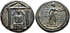 PAMPHYLIA. Perge. Circa 2nd-1st century BC. AE (Bronze, 19 mm, 5.51 g, 12 h). Cult statue of Artemis Pergaia facing within distyle temple. Rev. APTEMI...