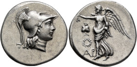 PAMPHYLIA. Side. Circa 205-100 BC. Tetradrachm (Silver, 31 mm, 16.73 g, 12 h), Ar..., magistrate, circa 205-190. Head of Athena to right, wearing cres...