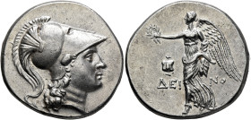 PAMPHYLIA. Side. Circa 205-100 BC. Tetradrachm (Silver, 30 mm, 16.84 g, 12 h), Deino..., magistrate, circa 205-190. Head of Athena to right, wearing c...