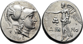 PAMPHYLIA. Side. Circa 205-100 BC. Tetradrachm (Silver, 29 mm, 16.90 g, 12 h), Deino..., magistrate, circa 205-190. Head of Athena to right, wearing c...