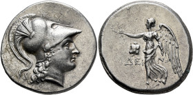 PAMPHYLIA. Side. Circa 205-100 BC. Tetradrachm (Silver, 30 mm, 16.77 g, 12 h), Deino..., magistrate, circa 205-190. Head of Athena to right, wearing c...