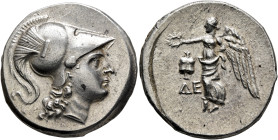 PAMPHYLIA. Side. Circa 205-100 BC. Tetradrachm (Silver, 29 mm, 16.80 g, 12 h), Dei(no)..., magistrate, circa 205-190. Head of Athena to right, wearing...