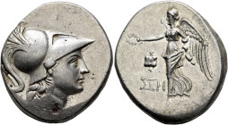 PAMPHYLIA. Side. Circa 205-100 BC. Tetradrachm (Silver, 29 mm, 16.87 g, 12 h), Ste..., magistrate, circa 205-190. Head of Athena to right, wearing cre...