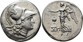 PAMPHYLIA. Side. Circa 205-100 BC. Tetradrachm (Silver, 29 mm, 16.73 g, 1 h), Ste..., magistrate, circa 205-190. Head of Athena to right, wearing cres...